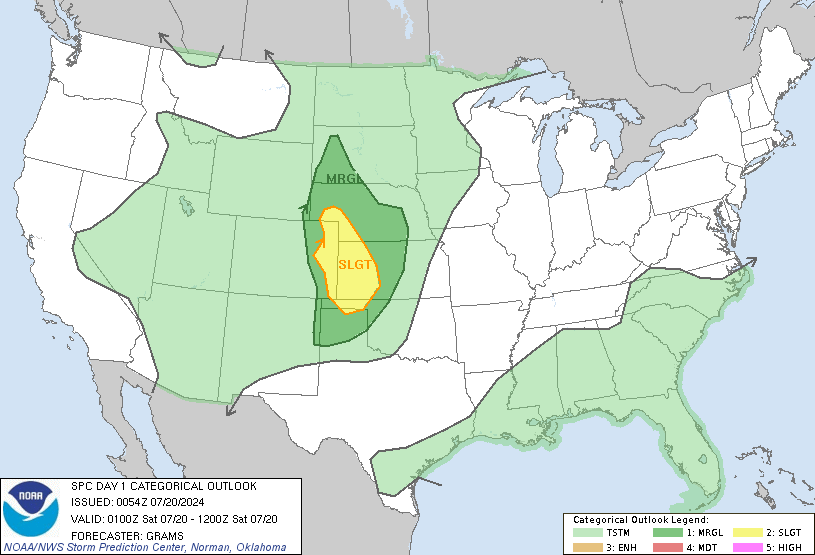 Convective outlook for organized severe thunderstorms over the contiguous United States on Day 1.